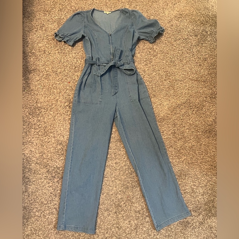Denim Utility Jumpsuit Belted Tie Waist Short Sleeve Chambray Casual Romper Sz M